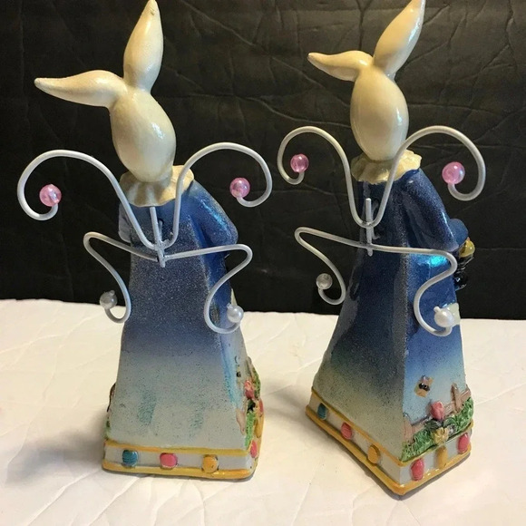 Vintage Wooden Figurines Easter Bunnies with eggs baskets decorative 2 pcs lot - Picture 3 of 4